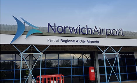 Norwich Airport new Entrance welcome sign, fitted to existing frame to reduce costs. Norwich, Norfolk.